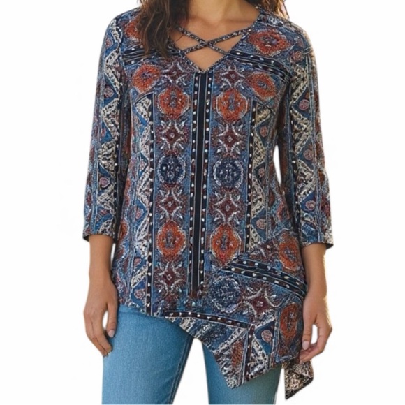 ONE WORLD Tops - ONE WORLD Blue and Rust Patterned Crisscross Tunic Top